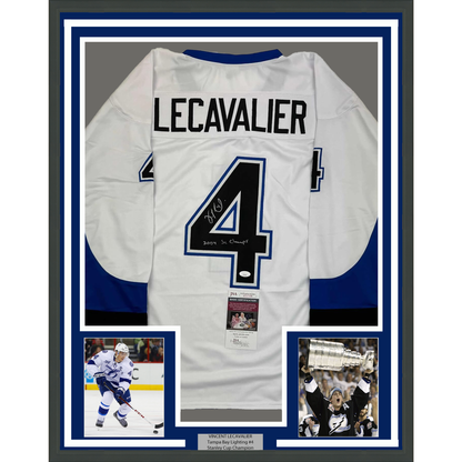 Framed Autographed/Signed Vincent Lecavalier 2004 SC Champs 35x39 Tampa Bay White Hockey Jersey JSA COA