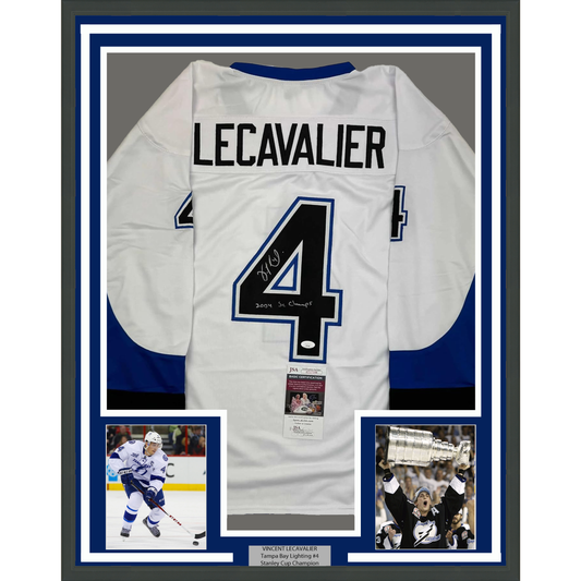 Framed Autographed/Signed Vincent Lecavalier 2004 SC Champs 35x39 Tampa Bay White Hockey Jersey JSA COA
