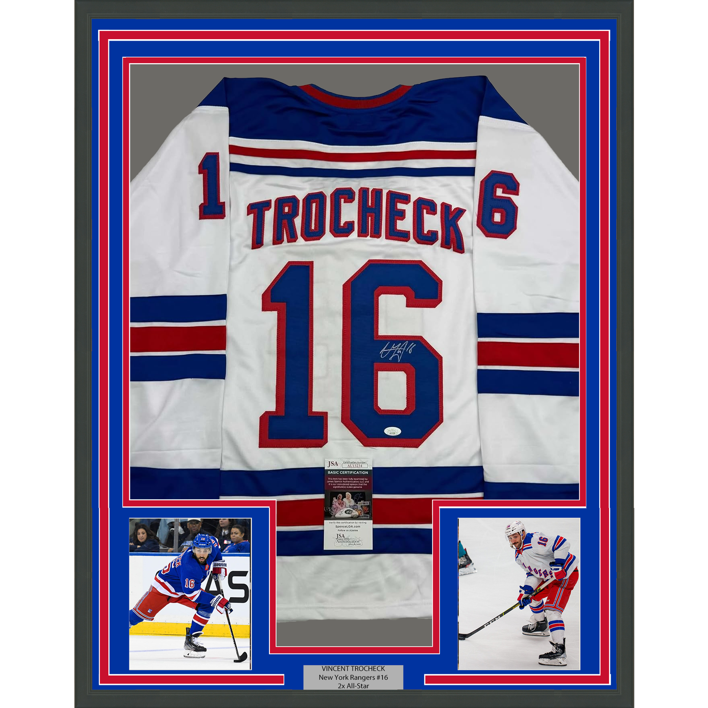 Framed Autographed/Signed Vincent Trocheck 35x39 New York White Hockey Jersey JSA COA