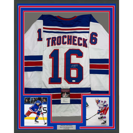 Framed Autographed/Signed Vincent Trocheck 35x39 New York White Hockey Jersey JSA COA