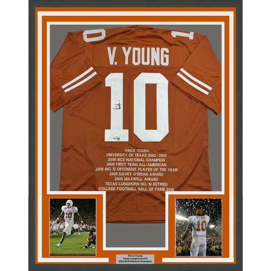 Framed Autographed/Signed Vince Young 35x39 Texas Orange Stat College Football Jersey JSA COA