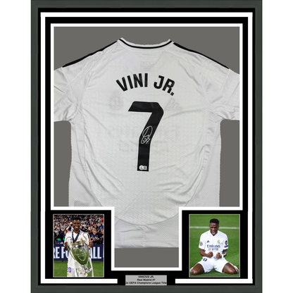Framed Autographed/Signed Vini Vinicius Jr. #7 35x39 Real Madrid White Soccer Jersey Beckett BAS COA