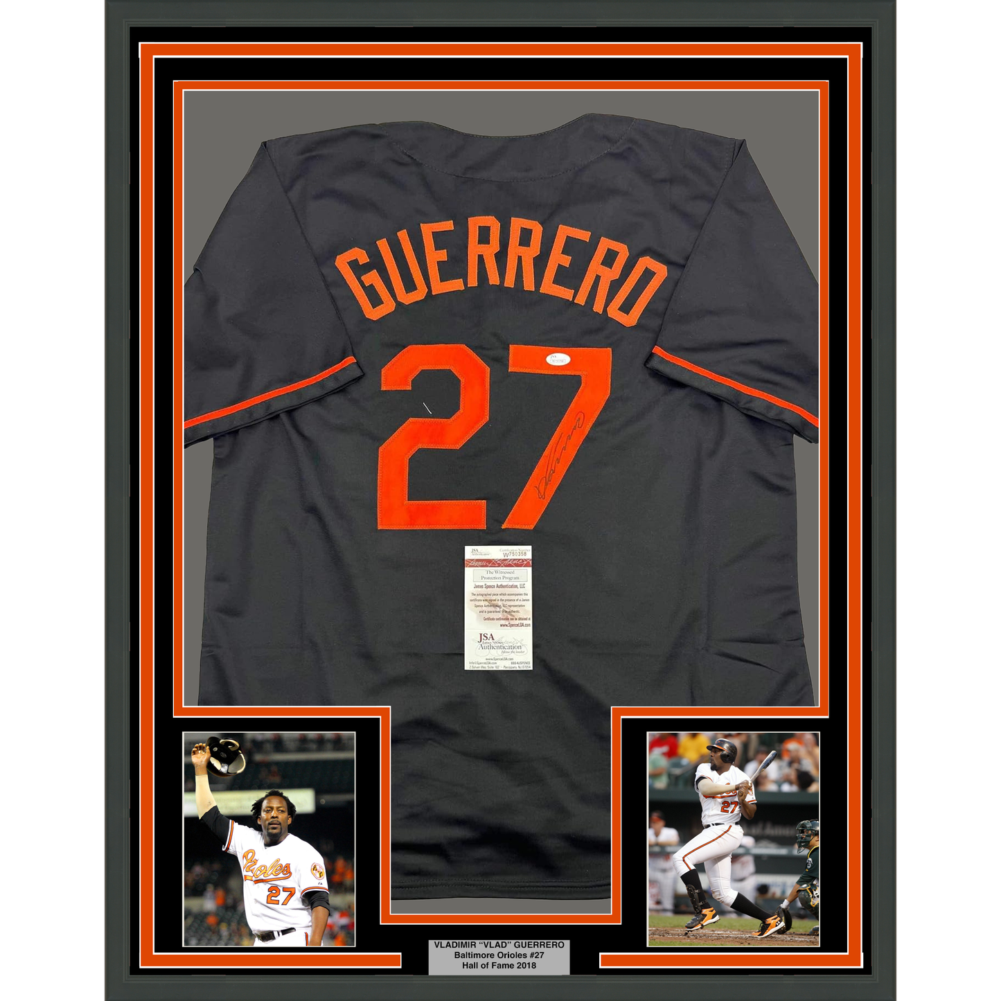 Framed Autographed/Signed Vladimir Guerrero 35x39 Baltimore Black Baseball Jersey JSA COA
