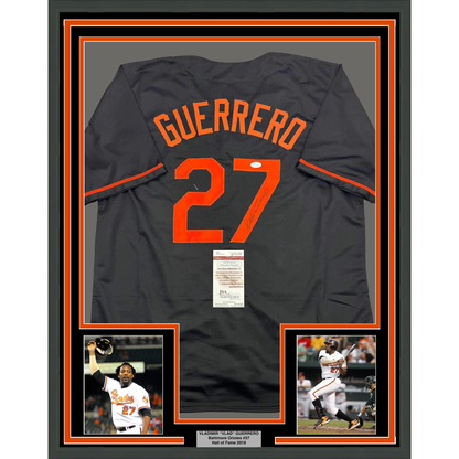 Framed Autographed/Signed Vladimir Guerrero 35x39 Baltimore Black Baseball Jersey JSA COA