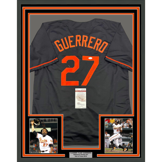 Framed Autographed/Signed Vladimir Guerrero 35x39 Baltimore Black Baseball Jersey JSA COA