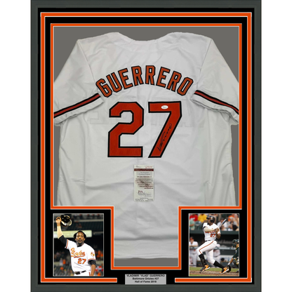 Framed Autographed/Signed Vladimir Guerrero 35x39 Baltimore White Baseball Jersey JSA COA