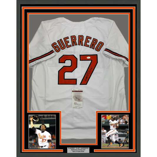 Framed Autographed/Signed Vladimir Guerrero 35x39 Baltimore White Baseball Jersey JSA COA