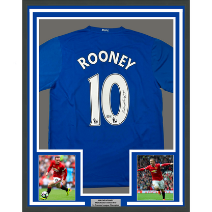 Framed Autographed/Signed Wayne Rooney 35x39 Manchester United Blue Soccer Jersey Beckett BAS COA