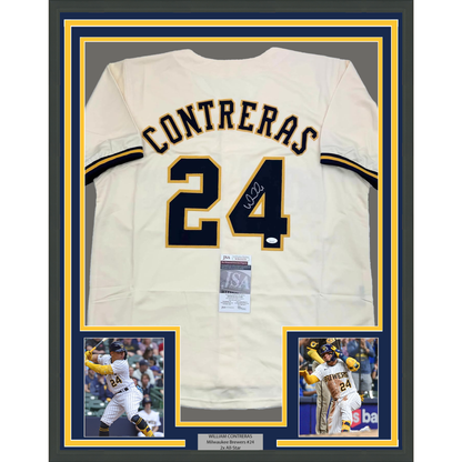 Framed Autographed/Signed William Contreras 35x39 Milwaukee Cream Baseball Jersey JSA COA