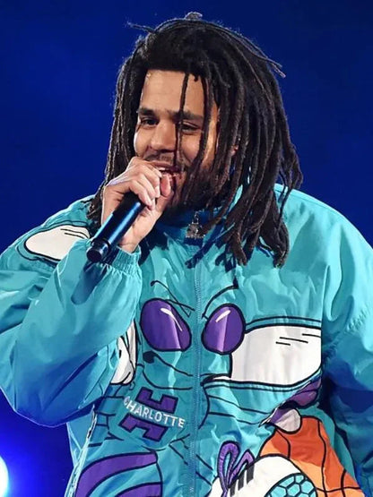 J. Cole 90s Char­lotte Hor­nets Blue Hooded Jack­et