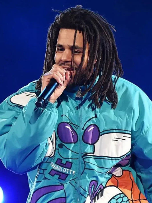 J. Cole 90s Char­lotte Hor­nets Blue Hooded Jack­et