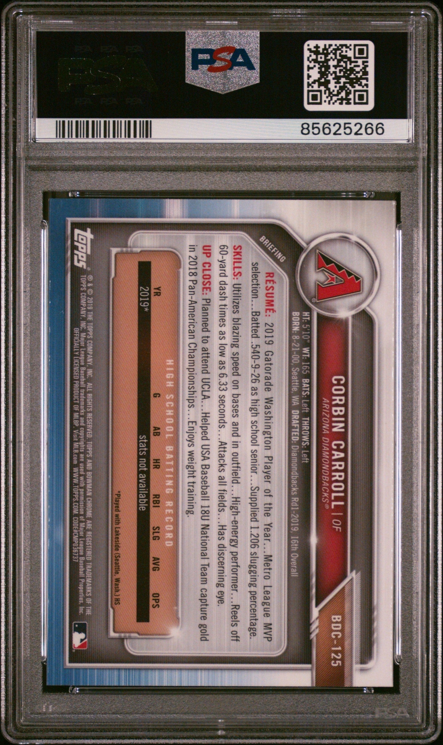 Graded 2019 Topps Bowman Draft Corbin Carroll #BDC125 Chrome Rookie RC Baseball Card PSA 10 Gem Mint