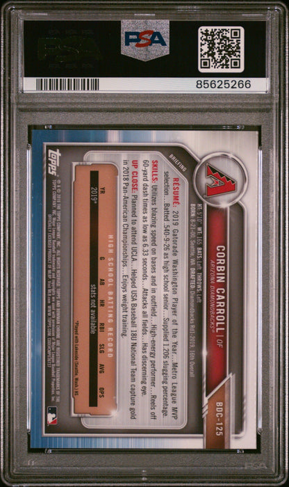 Graded 2019 Topps Bowman Draft Corbin Carroll #BDC125 Chrome Rookie RC Baseball Card PSA 10 Gem Mint