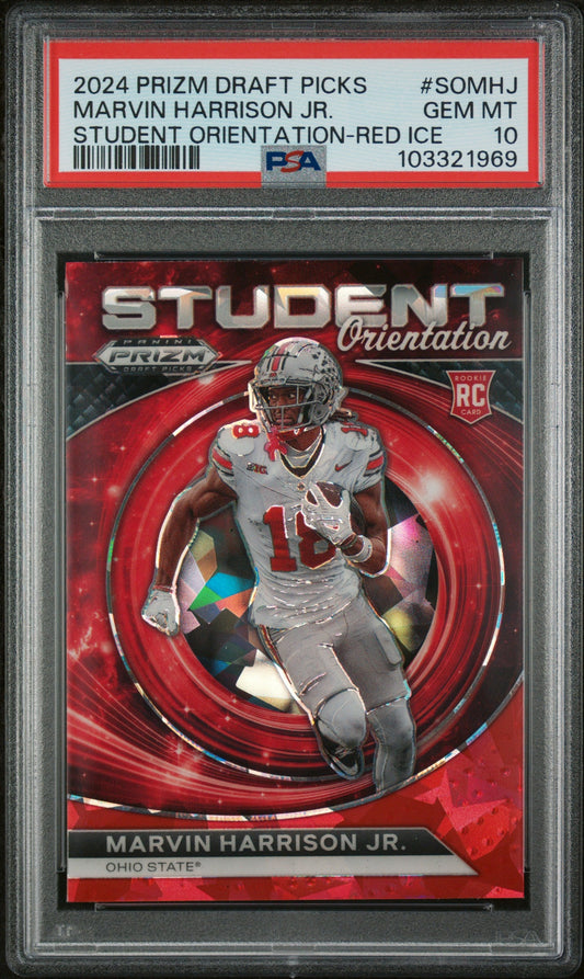 Graded 2024 Panini Prizm Draft Picks Marvin Harrison Jr #SOMHJ Student Orientation Red Ice Rookie RC Football Card PSA 10 Gem Mint