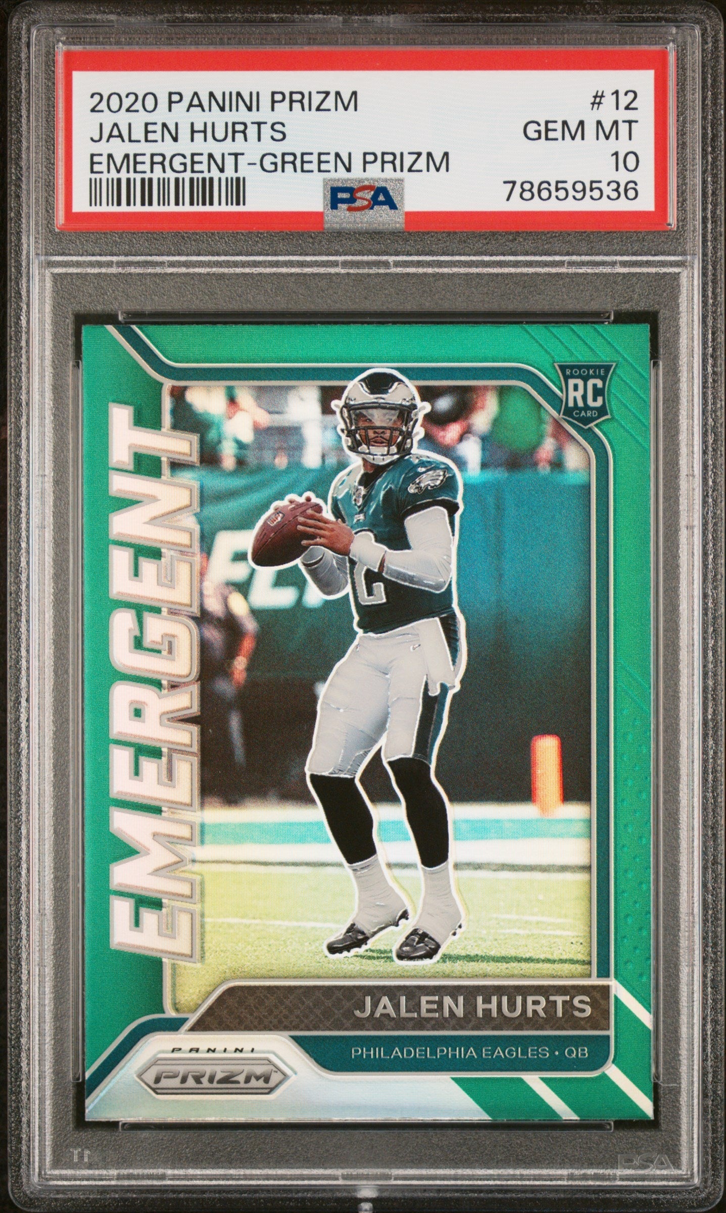 Graded 2020 Panini Prizm Jalen Hurts #12 Emergent Green Prizm Rookie RC Football Card PSA 10 Gem Mint
