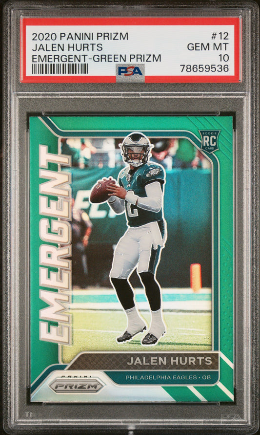 Graded 2020 Panini Prizm Jalen Hurts #12 Emergent Green Prizm Rookie RC Football Card PSA 10 Gem Mint