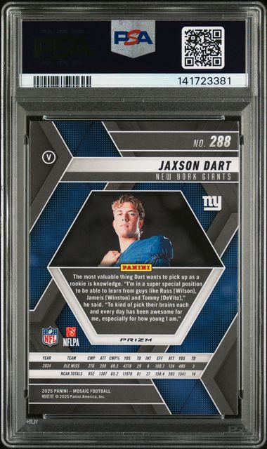 Graded 2025 Panini Mosaic Jaxson Dart #288 Green Rookie RC Football Card PSA 10 Gem Mint