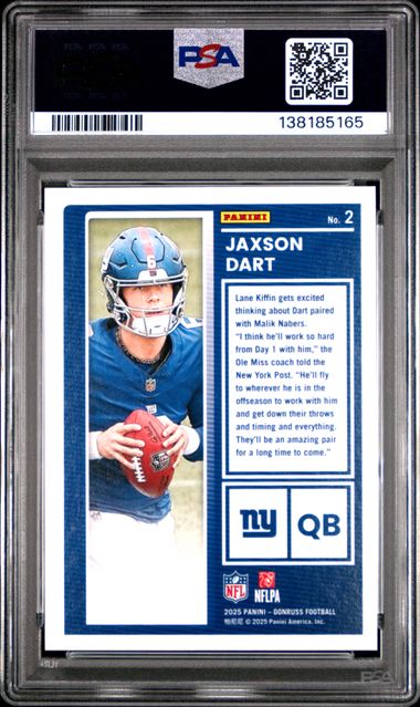 Graded 2025 Donruss Jaxson Dart #2 The Rookies Rookie RC Football Card PSA 9 Mint