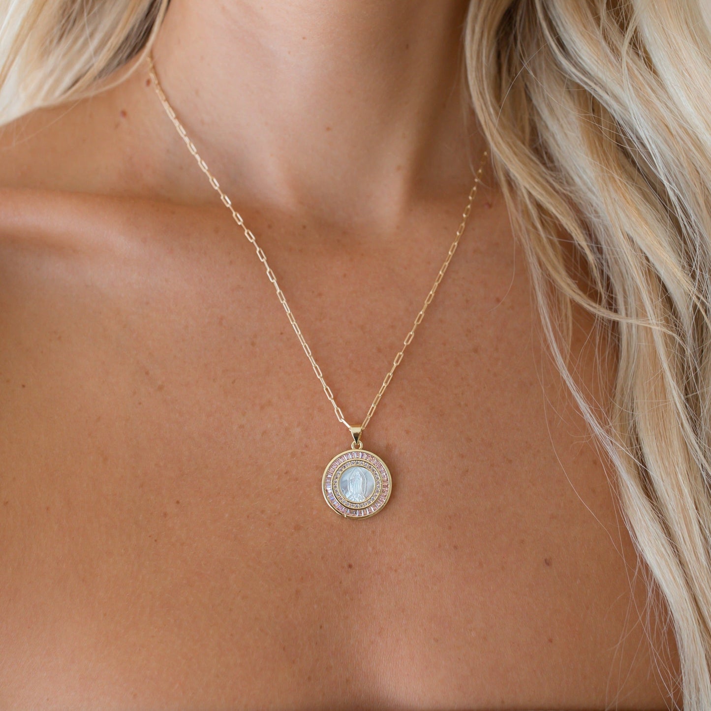 Bordered Pink Mother Mary Necklace