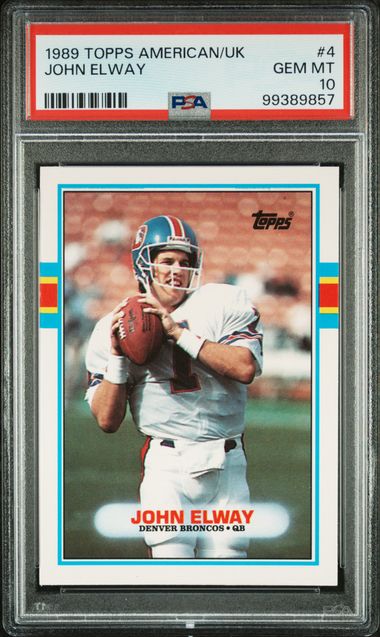 Graded 1989 Topps American/UK John Elway #4 Football Card PSA 10 Gem Mint
