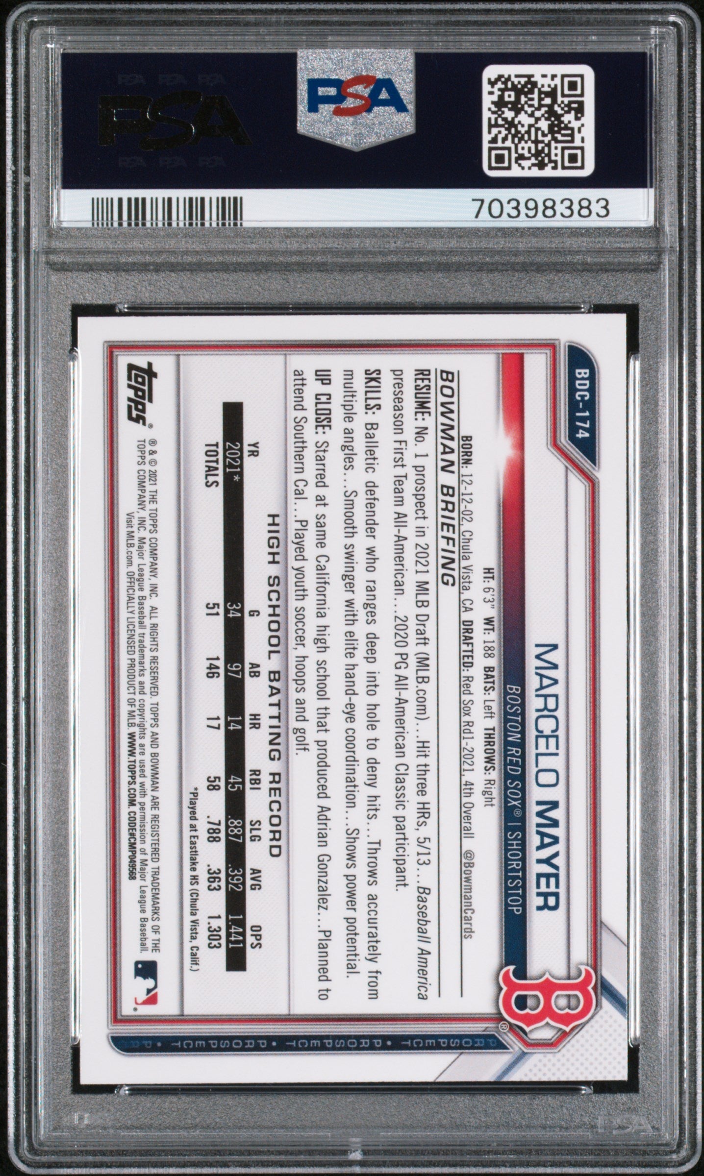 Graded 2021 Topps Bowman Draft Marcelo Mayer #BDC174 Chrome Rookie RC Baseball Card PSA 10 Gem Mint