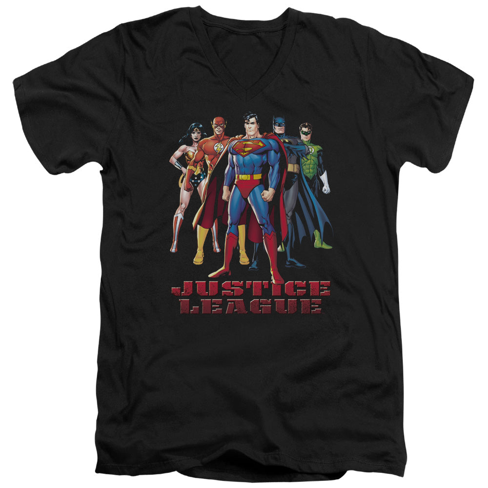 Justice League in League Mens Slim Fit V-Neck T Shirt Black Officially Licensed