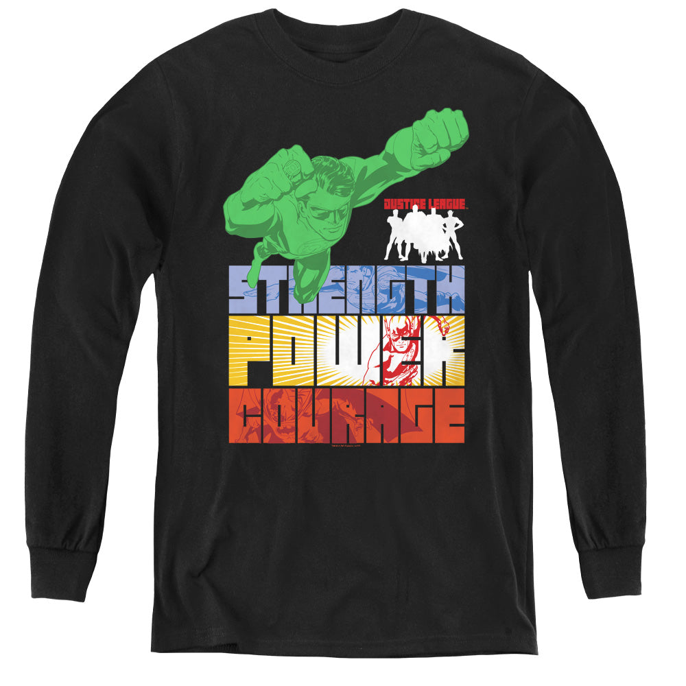 Justice League Heroic Qualities Long Sleeve Kids Youth T Shirt Black Officially Licensed