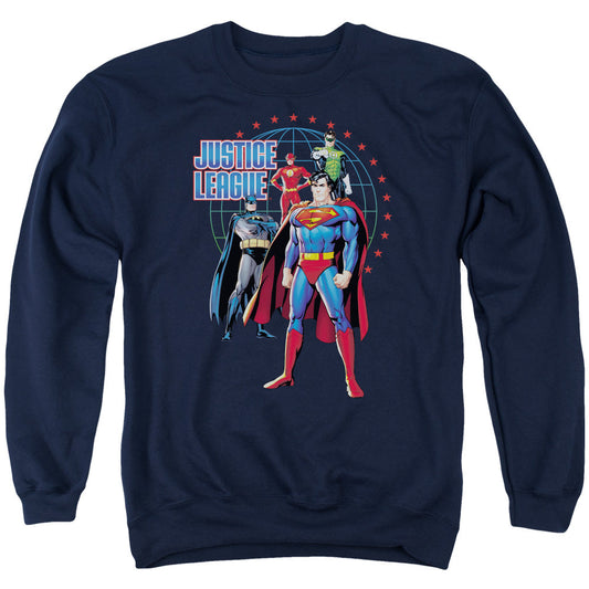 Justice League Protectors Mens Crewneck Sweatshirt Navy Blue Blue Officially Licensed