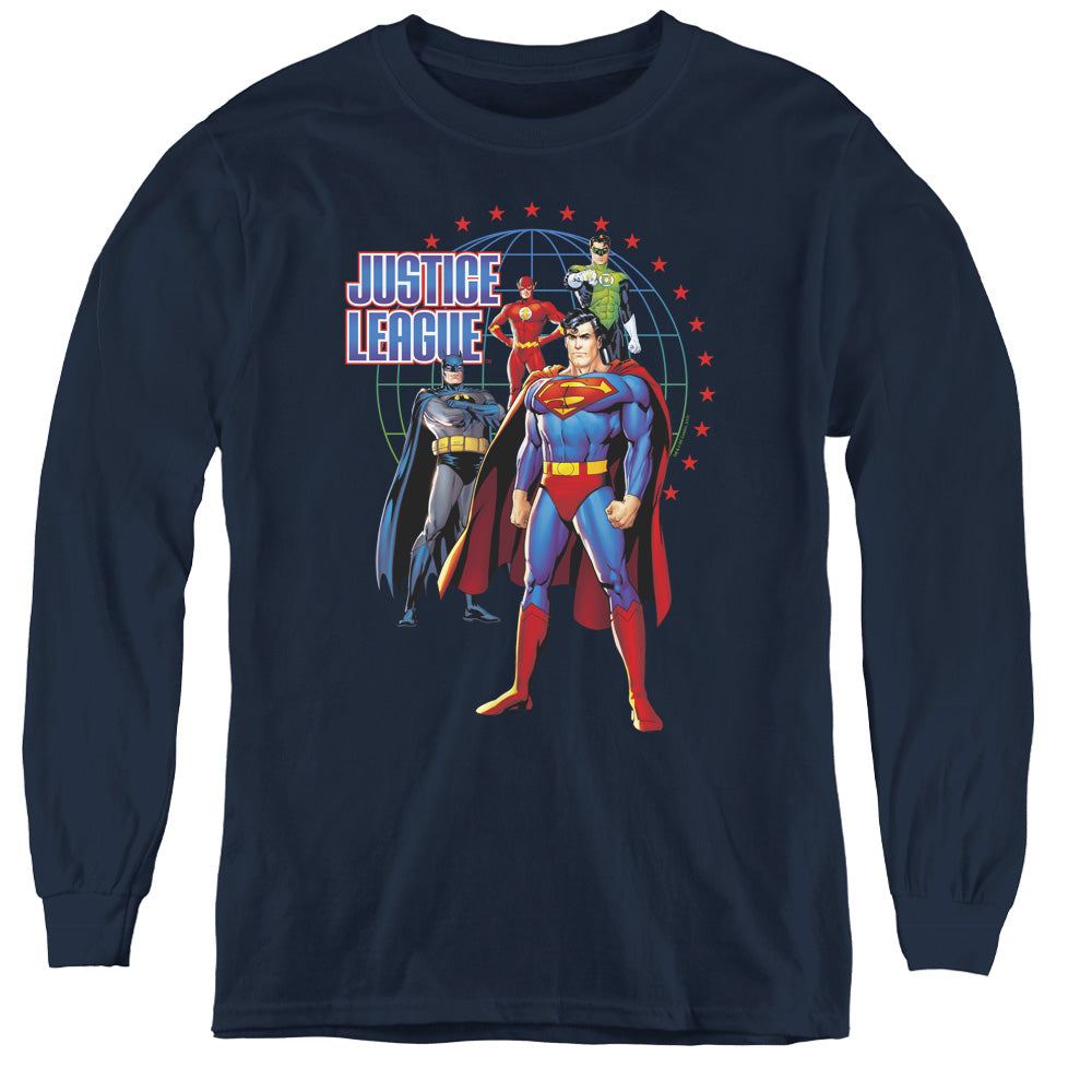 Justice League Protectors Long Sleeve Kids Youth T Shirt Navy Blue Blue Officially Licensed