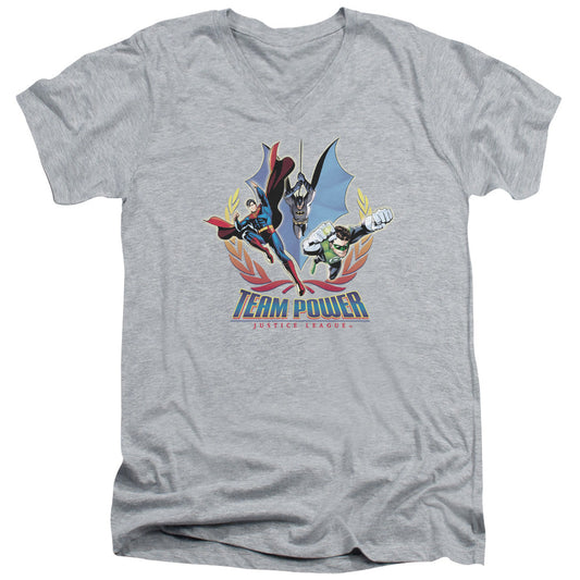 Justice League Team Power Mens Slim Fit V-Neck T Shirt Athletic Heather Officially Licensed