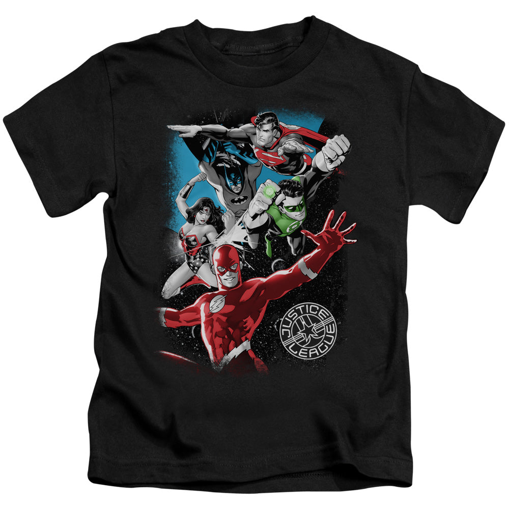 Justice League Galactic Attack Juvenile Kids Youth T Shirt Black Officially Licensed