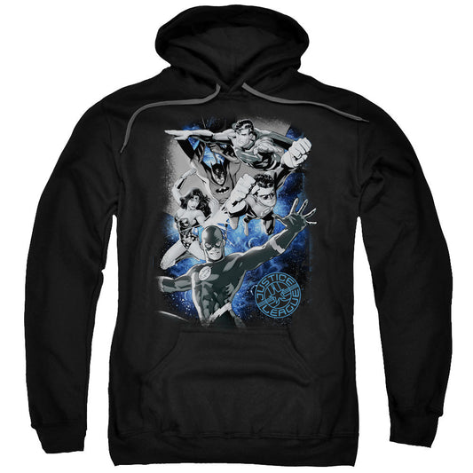 Justice League Galactic Attack Nebula Mens Hoodie Black Officially Licensed