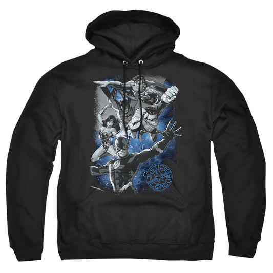Justice League Of America Galactic Attack Nebula Mens Hoodie Black Officially Licensed