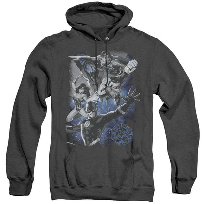 Justice League Of America Galactic Attack Nebula Mens Heather Hoodie Black Officially Licensed
