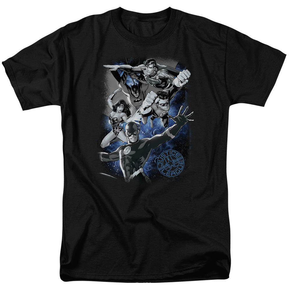 Justice League Galactic Attack Nebula Mens T Shirt Black Officially Licensed