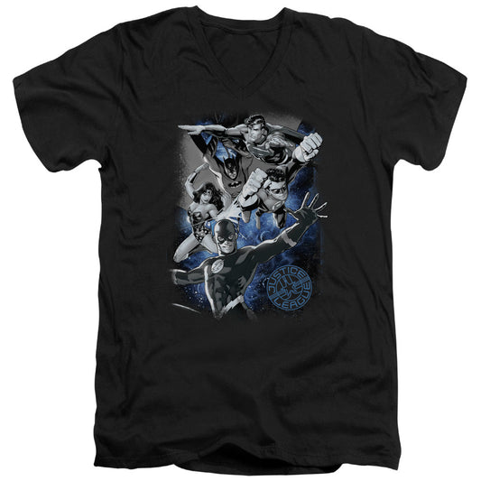 Justice League Galactic Attack Nebula Mens Slim Fit V-Neck T Shirt Black Officially Licensed
