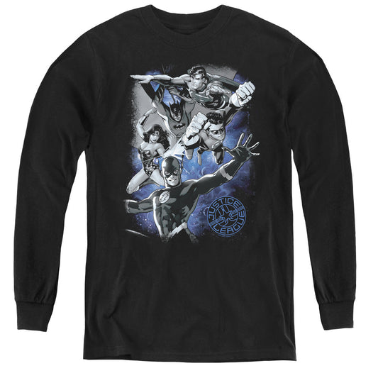 Justice League Galactic Attack Nebula Long Sleeve Kids Youth T Shirt Black Officially Licensed
