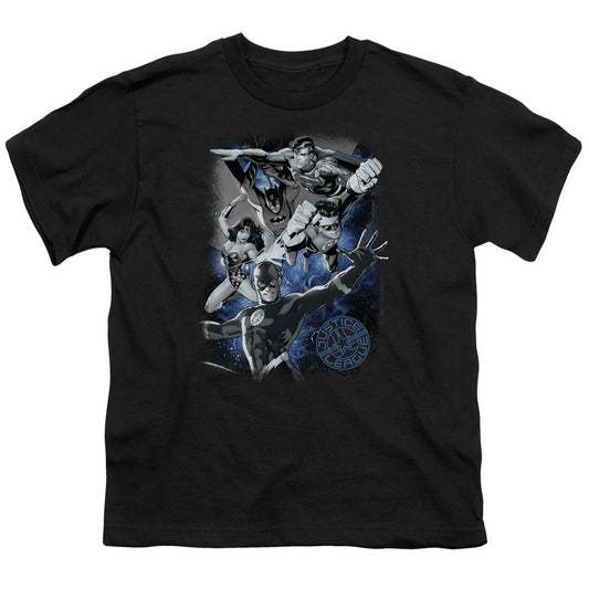 Justice League Galactic Attack Nebula Kids Youth T Shirt Black Officially Licensed