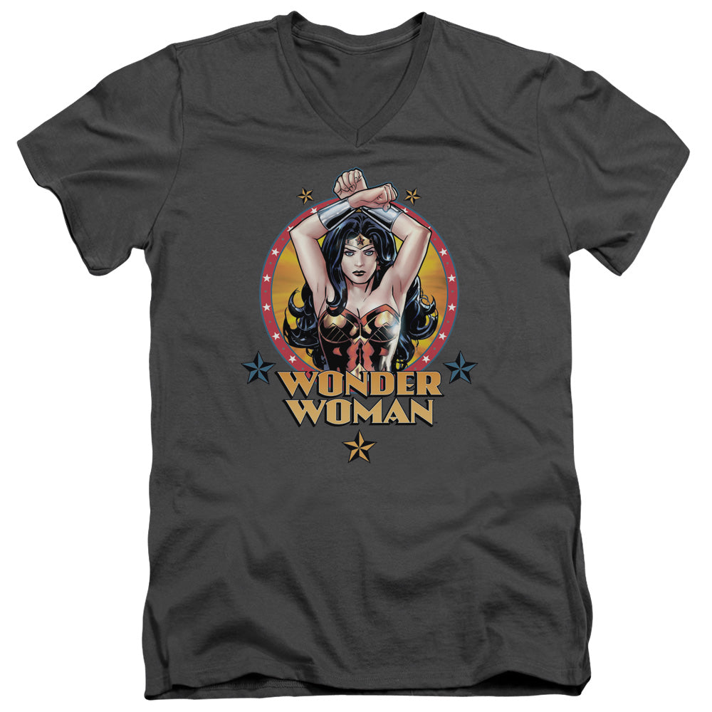 Justice League Powerful Woman Mens Slim Fit V-Neck T Shirt Charcoal Officially Licensed