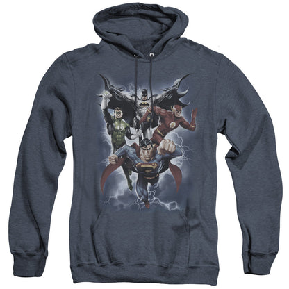 Justice League Of America The Coming Storm Mens Heather Hoodie Navy Officially Licensed