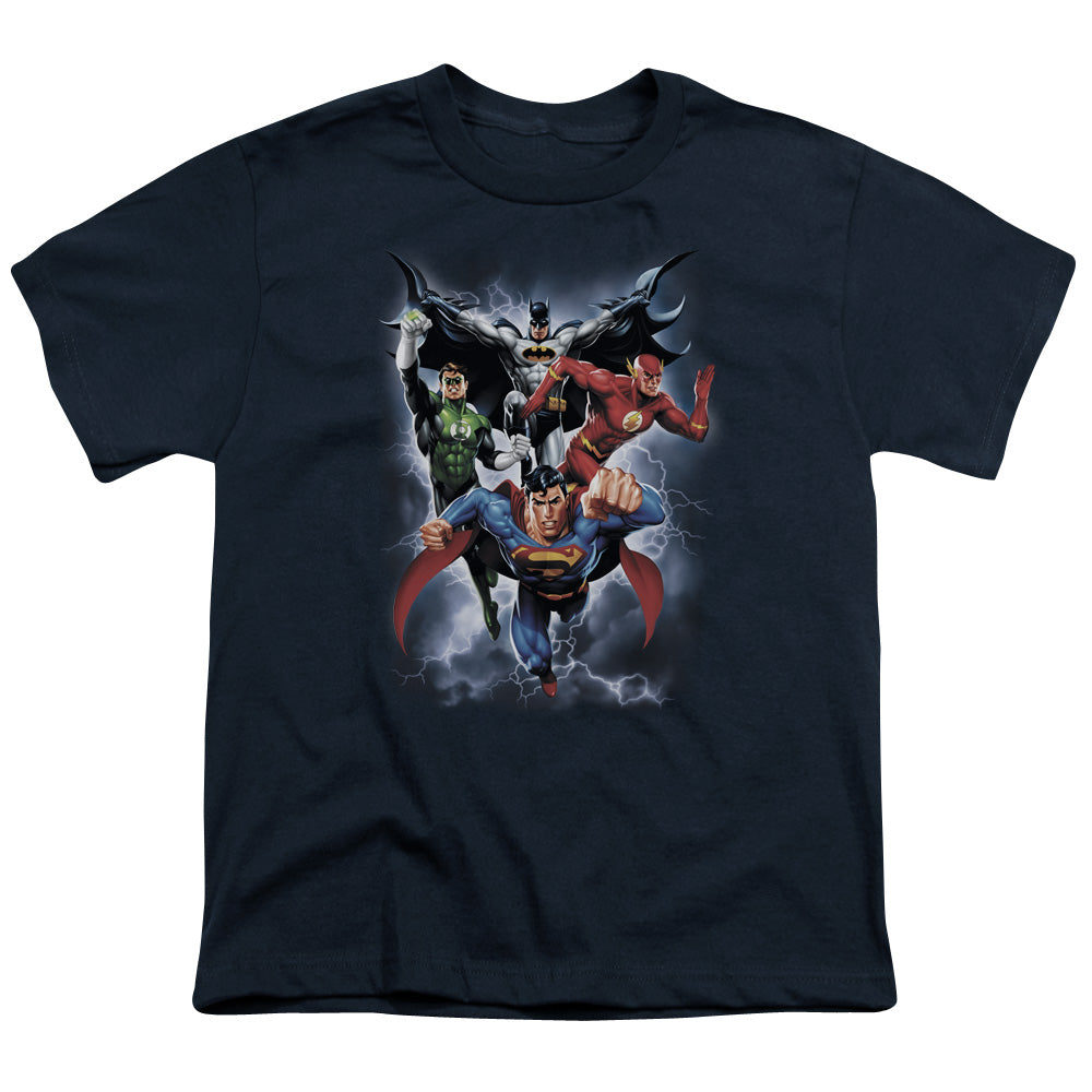 Justice League the Coming Storm Kids Youth T Shirt Navy Blue Blue Officially Licensed
