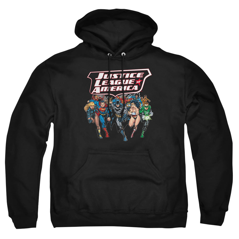 Justice League Of America Charging Justice Mens Hoodie Black Officially Licensed