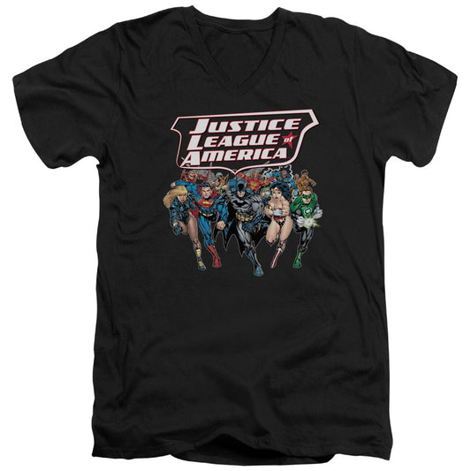 Justice League Charging Justice Mens Slim Fit V-Neck T Shirt Black Officially Licensed