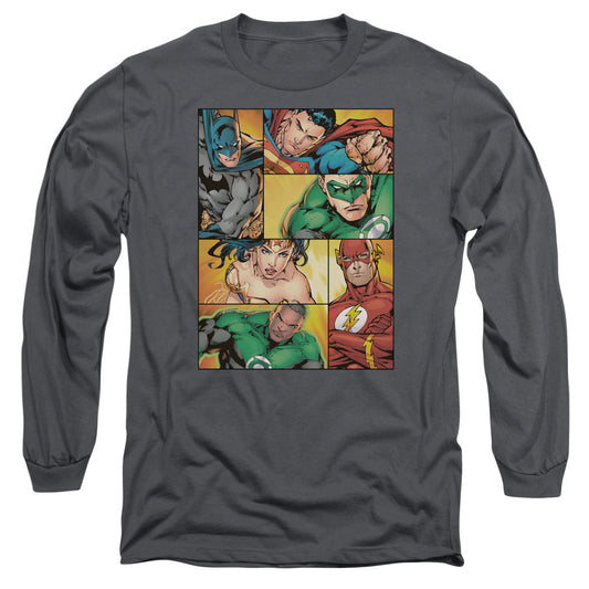 Justice League Hero Boxes Mens Long Sleeve Shirt Charcoal Officially Licensed