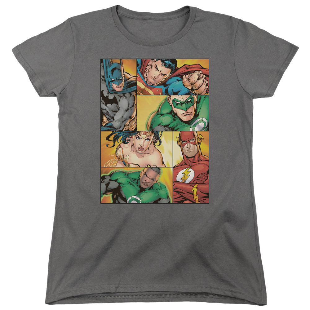 Justice League Hero Boxes Womens T Shirt Charcoal Officially Licensed