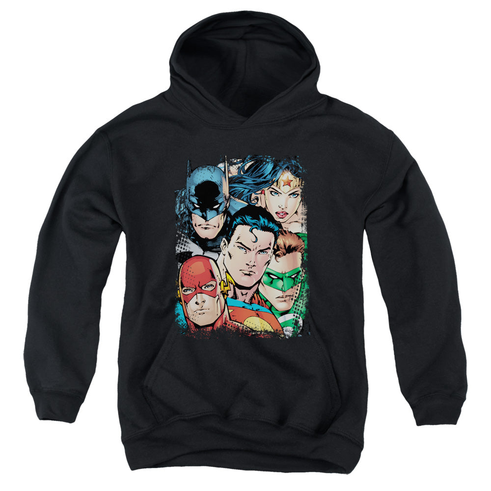 Justice League Up Close and Personal Kids Youth Hoodie Black Officially Licensed