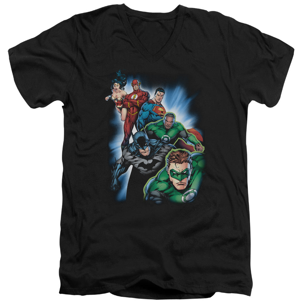 Justice League Heroes Unite Mens Slim Fit V-Neck T Shirt Black Officially Licensed