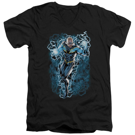 Justice League Black Lightning Bolts Mens Slim Fit V-Neck T Shirt Black Officially Licensed