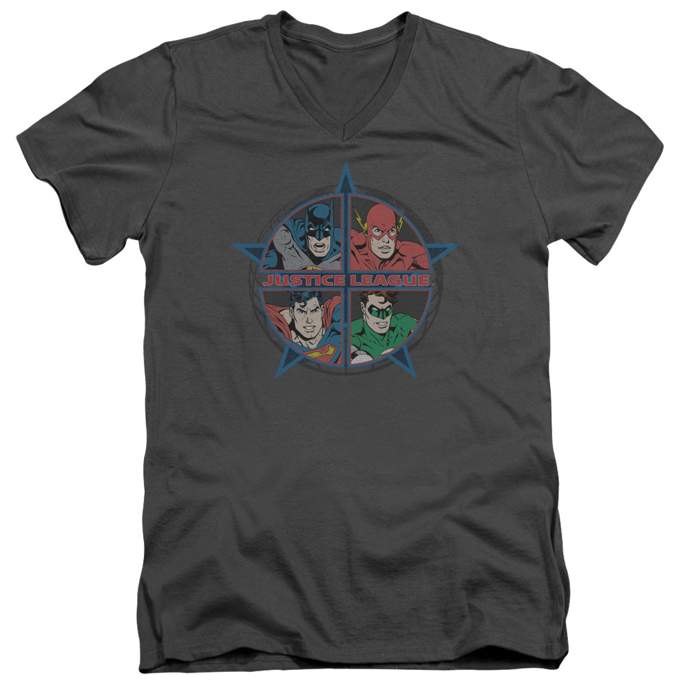 Justice League Four Heroes Mens Slim Fit V-Neck T Shirt Charcoal Officially Licensed
