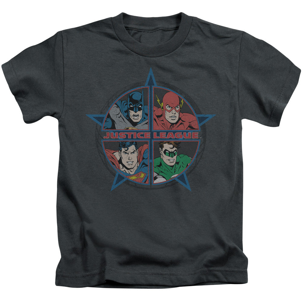 Justice League Four Heroes Juvenile Kids Youth T Shirt Charcoal Officially Licensed